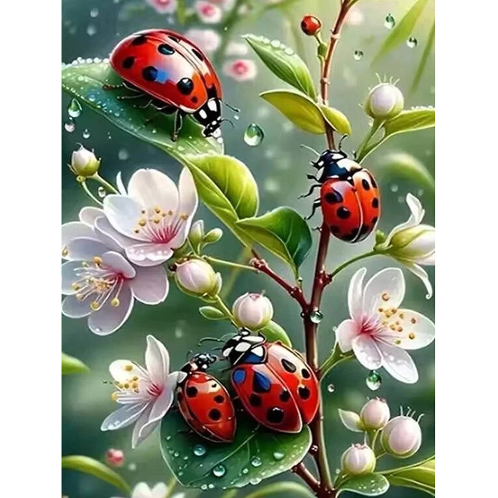 Embroidery Lady Bug - ภาพเพชร 5D แบบไร้กรอบ ลายเต่าทอง โมเสกเพชร งานปักเพชรรูปสัตว์