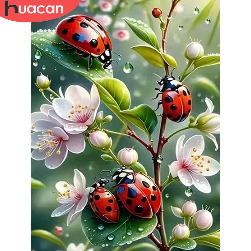 Embroidery Lady Bug - Huacan ภาพวาดติดเพชรรูปกบและพืชทรงกลมแบบ5D เต็มสี่เหลี่ยมจตุรัสโมเสกติดเพชรการตกแต่งบ้านสีแบบนามธรรม