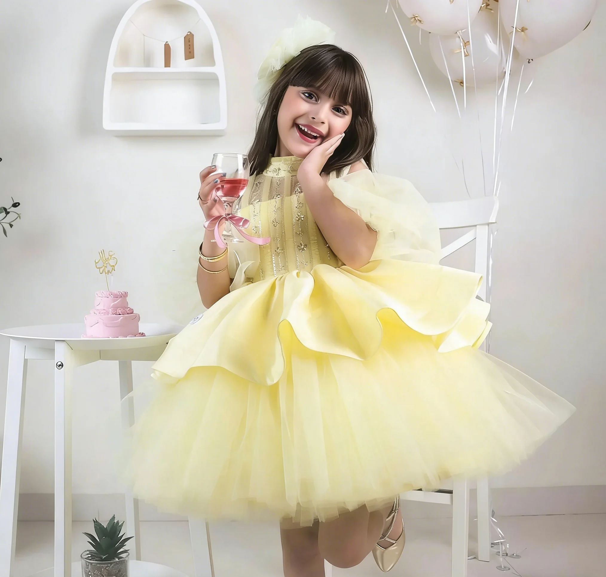 Embroidery Yellow Dress - ชุดเดรสเด็กผู้หญิงสีเหลืองสำหรับงานแต่งงาน ประดับเลื่อม ปักลาย ปิดไหล่ ผ้าทูลล์พองฟู สไตล์เจ้าหญิง