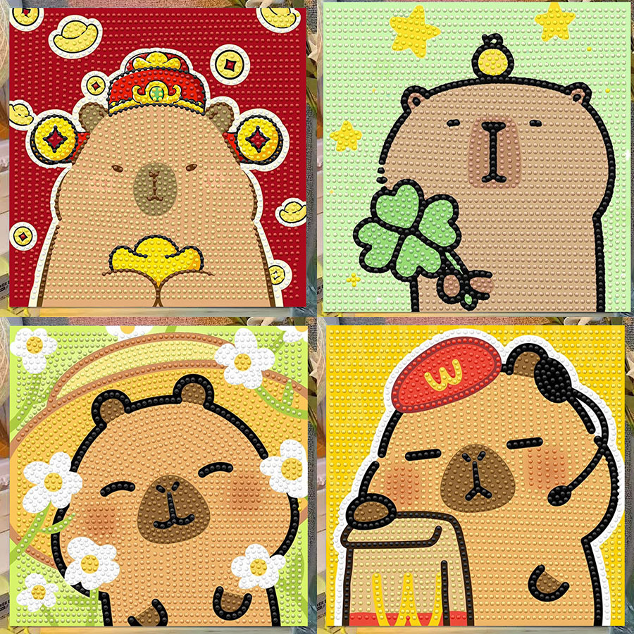 Embroidery Garments - ภาพวาดตกแต่งคริสตัลเพชรลายการ์ตูนคาปิบารา พร้อมกรอบ ภาพวาดศิลปะ 5D ชุดปักครอสติช DIY