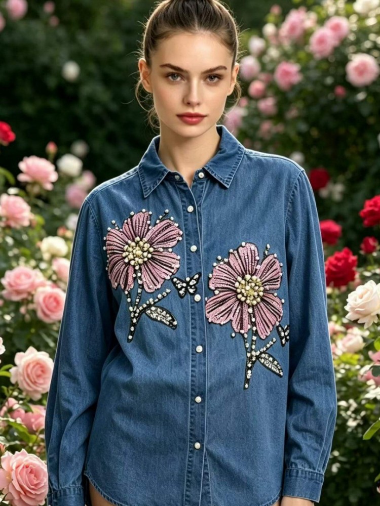 เสื้อผู้หญิงผ้าเดนิมปักลาย แขน - Embroidery Cotton Shirt บทวิจารณ์และราคา