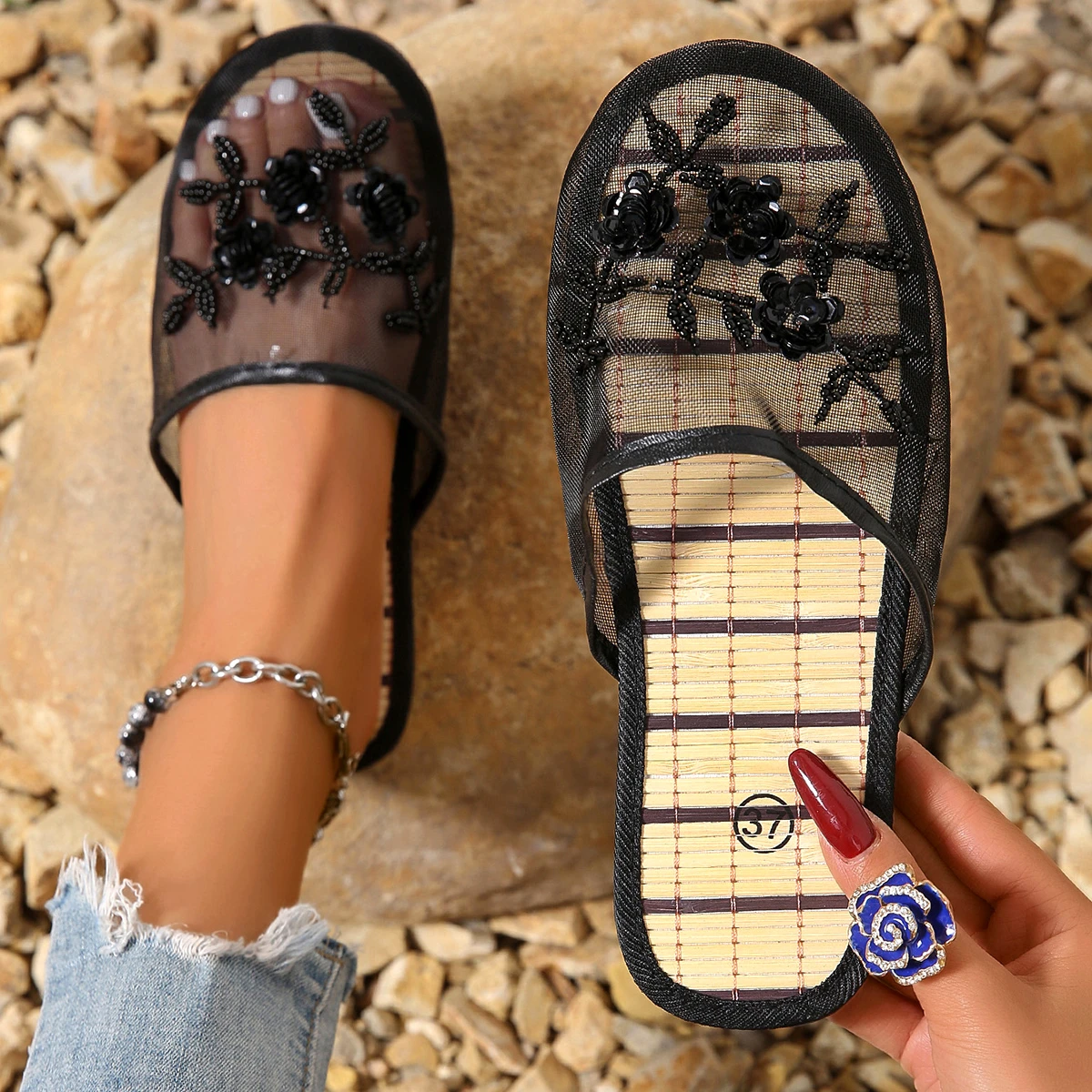 รองเท้าแตะสไลด์ตาข่ายปิดหัวสำห - Embroidery Garments บทวิจารณ์และราคา