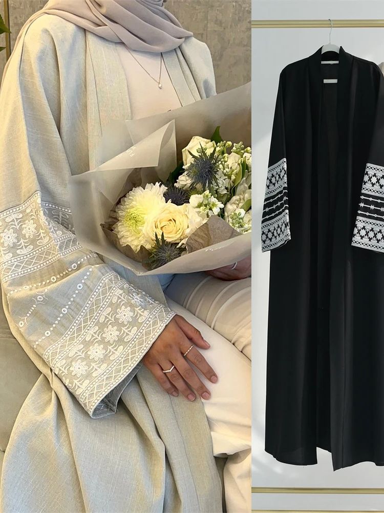 Ramadan Eid สีดําเปิดกิโมโน Ab - Embroidery Kebaya บทวิจารณ์และราคา